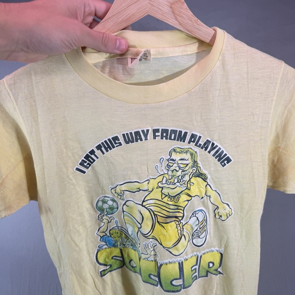 True Vintage 70s Shirt Youth Large Burnout Paper Think Yellow Soccer Hanes USA